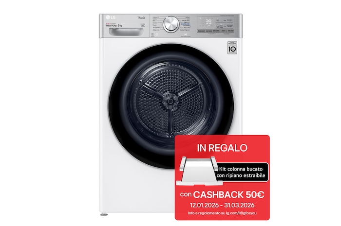 Foto frontale dell'asciugatrice LG RH90V9AV2QR con cashback e kit colonna bucato